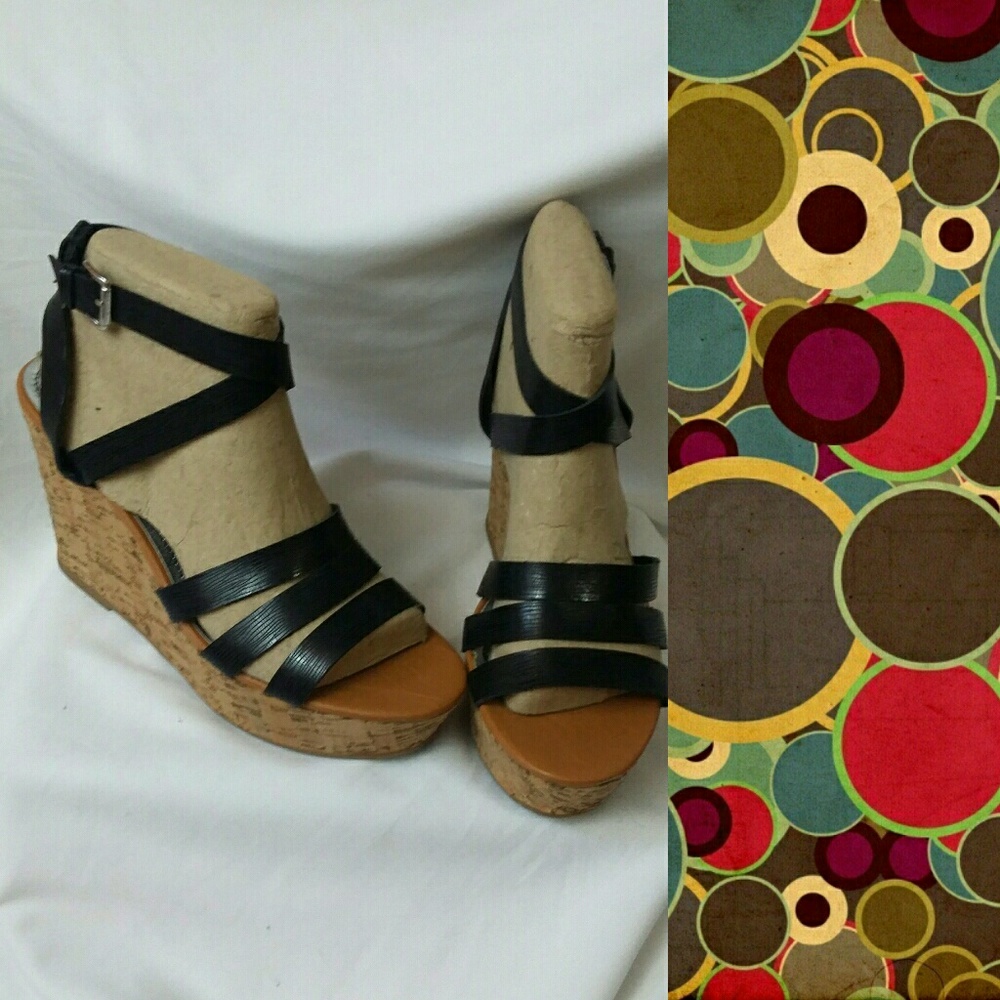 BAMBOO Black Strappy Wedge Sandals